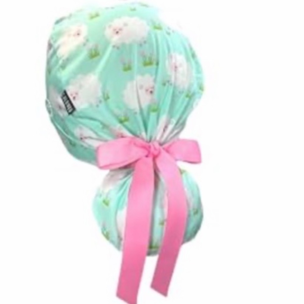 Mint Surgical Scrub Cap with Pink Bow and Sheep Print